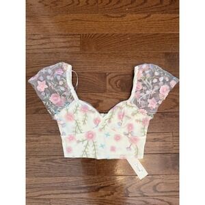 Altar'd State Ambrose GG364 Floral Embroidered Mesh Sleeve Crop Top Pink XS NWT